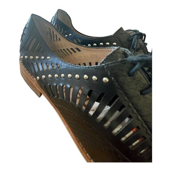 Sam Edelman Loafer Shoes Women’s 7 Black Laser Cut Silver Stud Lace Up Preppy - Picture 9 of 12